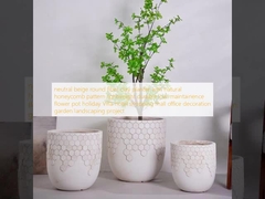 vaso de fibra de argila redondo bege neutro com padrão de favo de mel natural leve durável baixa manutenção vaso de flores decoração de escritório de shopping center de hotel Villa de férias projeto de paisagismo de jardim