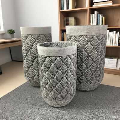 comprar Vaso GRC Cinza Cilíndrico com Padrão Repetitivo de Folhas de Palmeira para Decoração de Escritório de Baixa Manutenção online manufacture