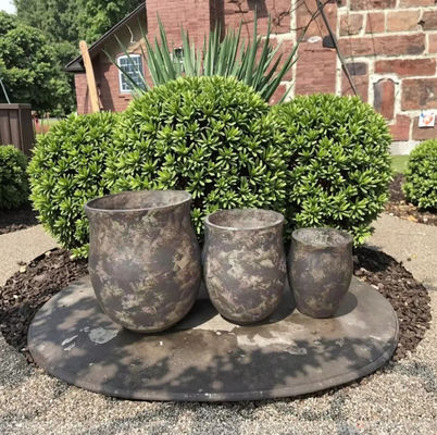Potes de flores de fibra de argila redonda vintage - artesanais - envelhecidos para decoração de jardim e pátio