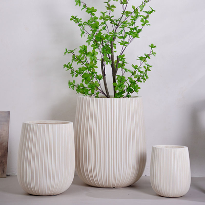 plantação de argila de fibra redonda beige neutra com linhas verticais padrão leve durável pouca manutenção flor de vaso férias villa hotel shopping mall decoração de escritório jardim projeto de paisagismo
