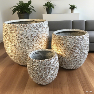 Vaso de cimento de fibra cinza GRC redondo com padrão de design de folha de monstera, leve, durável, de baixa manutenção, vaso de flores, decoração de escritório de Villa de férias, projeto de paisagismo de jardins de cobertura